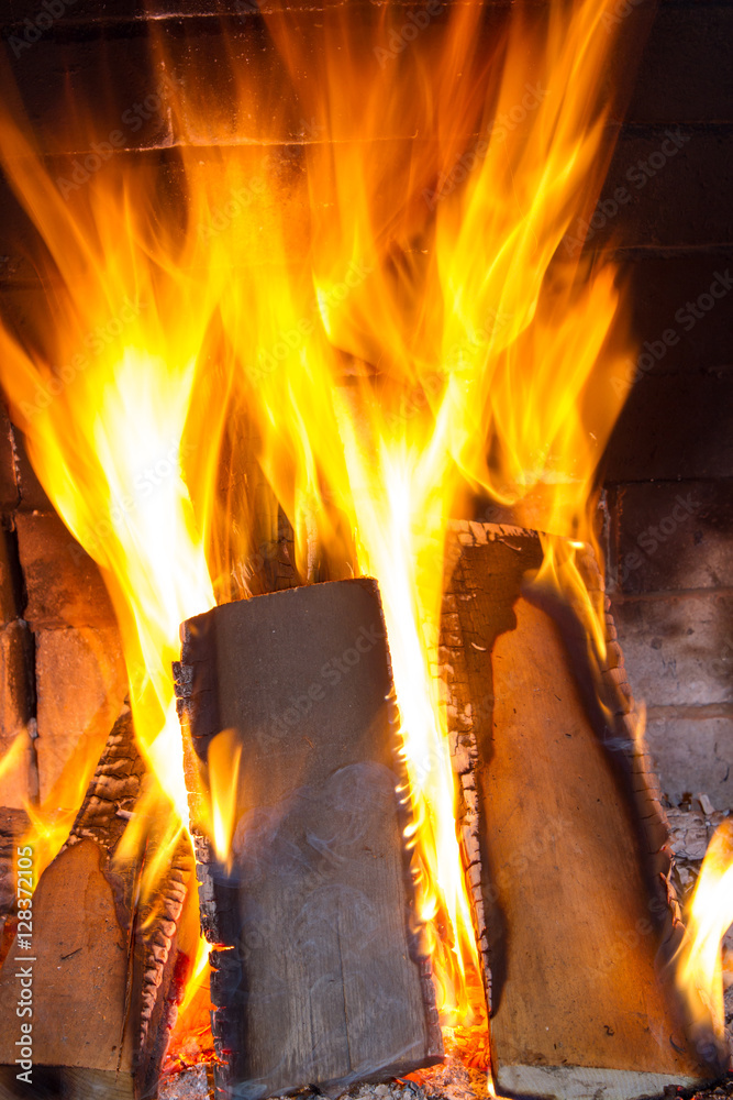 Obraz premium Burning firewood in the fireplace close up