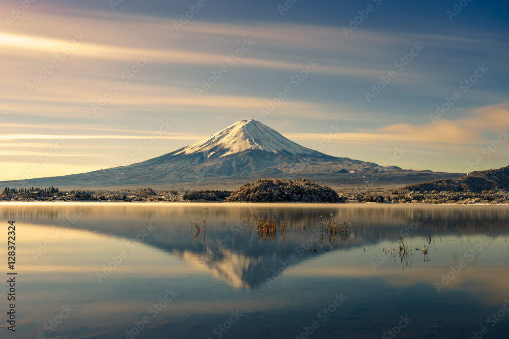 Fuji,Famous Japan mountain,Sunrise water reflection snow mountai Fuji,Famous Japan mountain,Sunrise water reflection snow mountai