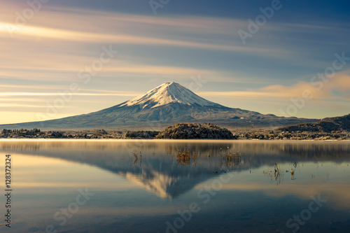 Fuji Famous Japan mountain Sunrise water reflection snow mountai