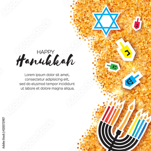 Colorful Origami Happy Hanukkah Greeting card on gold glitter background