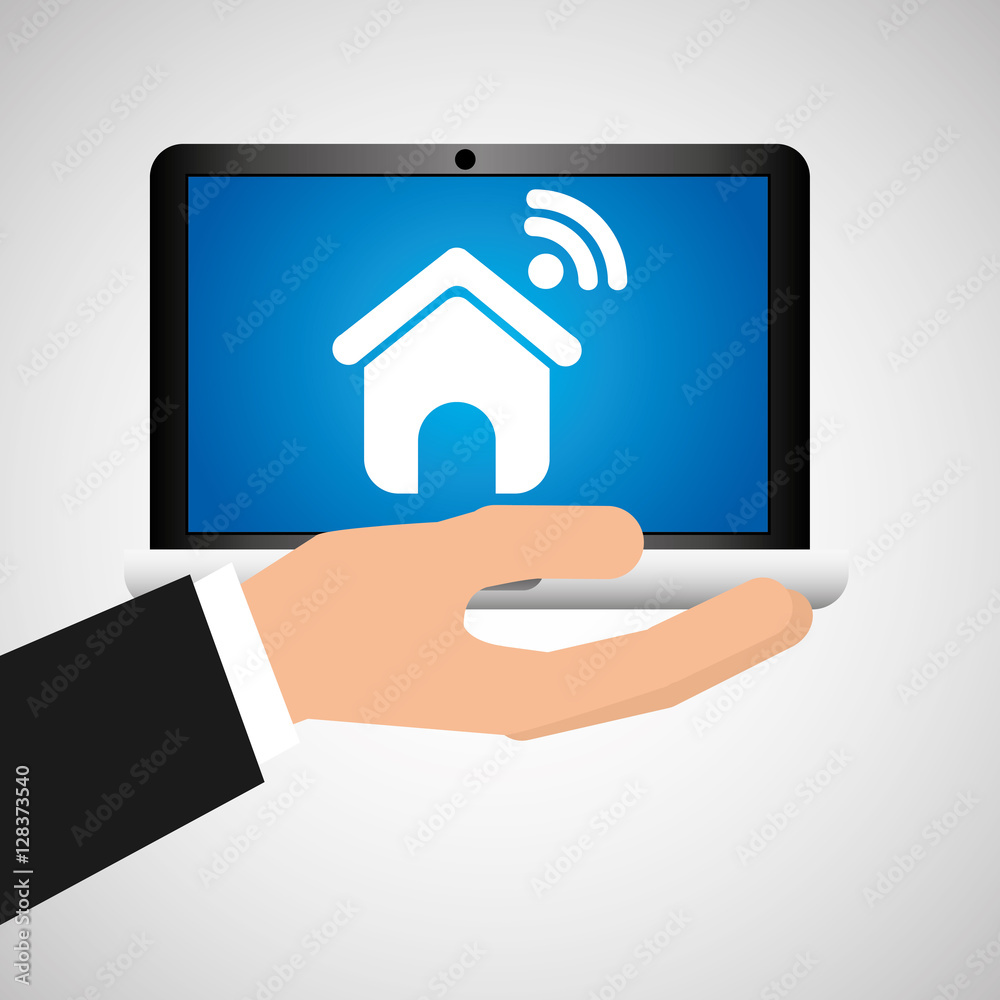 man hand holds laptop mobile homepage social media vector illustration man hand holds laptop mobile homepage social media vector illustration