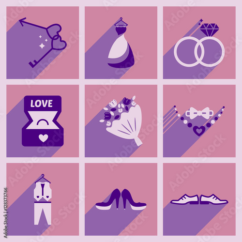 Set of flat web icons with long shadow wedding