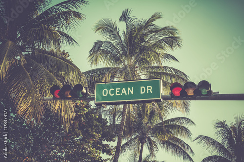 Ocean Drive street sign with palm trees, Miami © marchello74