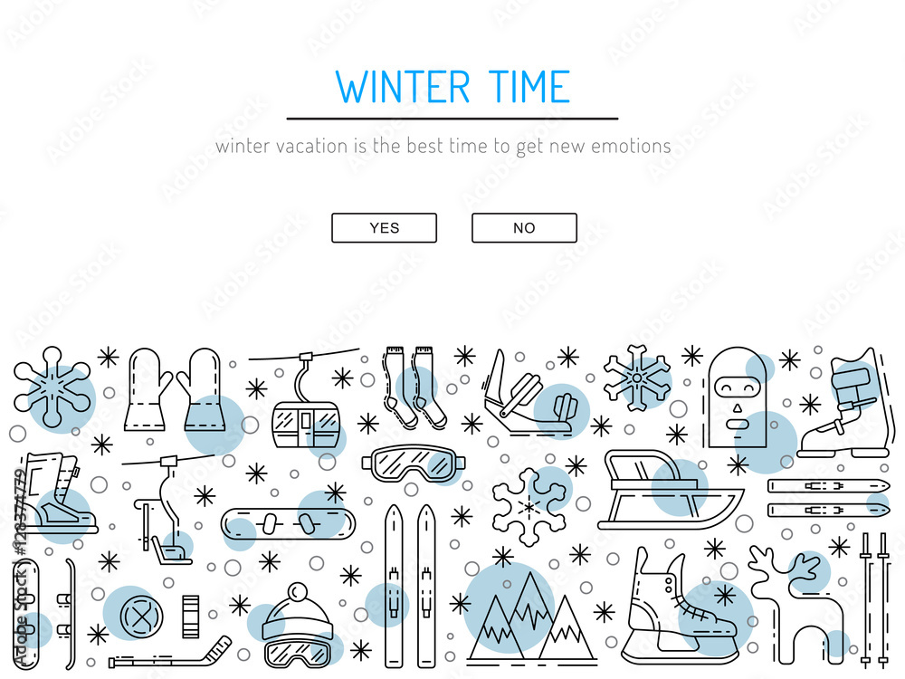 Vector linear icons set of symbols denoting the various types of winter recreation and pastimes such as skiing, snowboarding, skating. The types of winter recreation. Vector linear icons set of symbols denoting the various types of winter recreation and pastimes such as skiing, snowboarding, skating. The types of winter recreation.