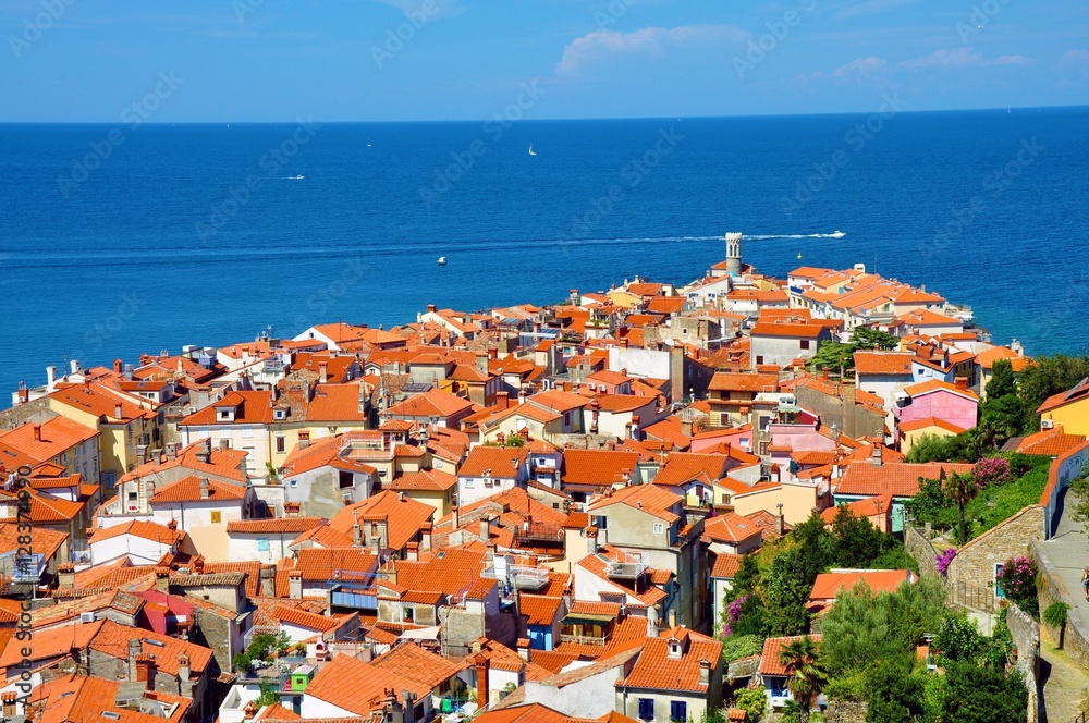 Roofs of town Piran with a bright blue sea in the background. Photo of Piran from the tower.