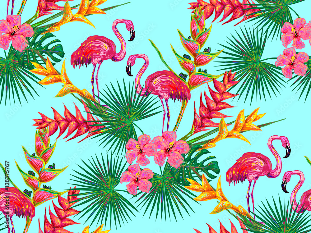 Fototapeta premium Summer jungle pattern with with flamingo, palm leaves and flowers vector background. Floral background. Perfect for wallpapers, pattern fills, web page backgrounds, surface textures, textile