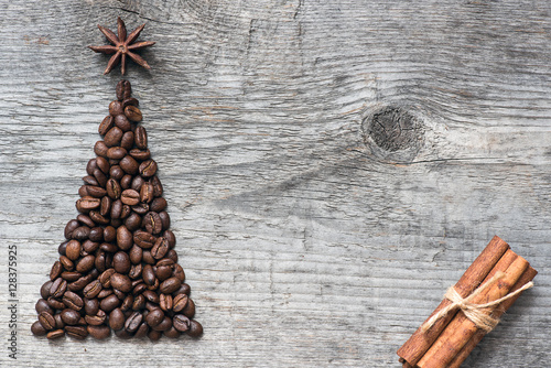 Christmas tree greeting card made of coffee