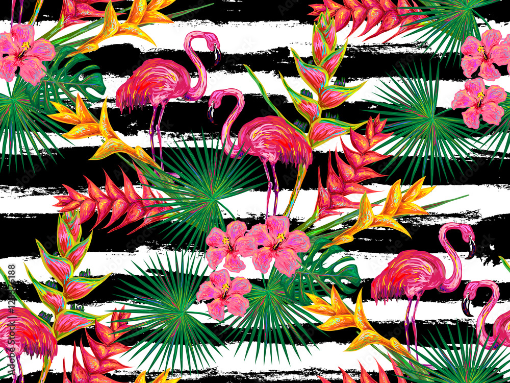 Fototapeta premium Summer jungle pattern with with flamingo, palm leaves and flowers vector background. Floral background. Perfect for wallpapers, pattern fills, web page backgrounds, surface textures, textile