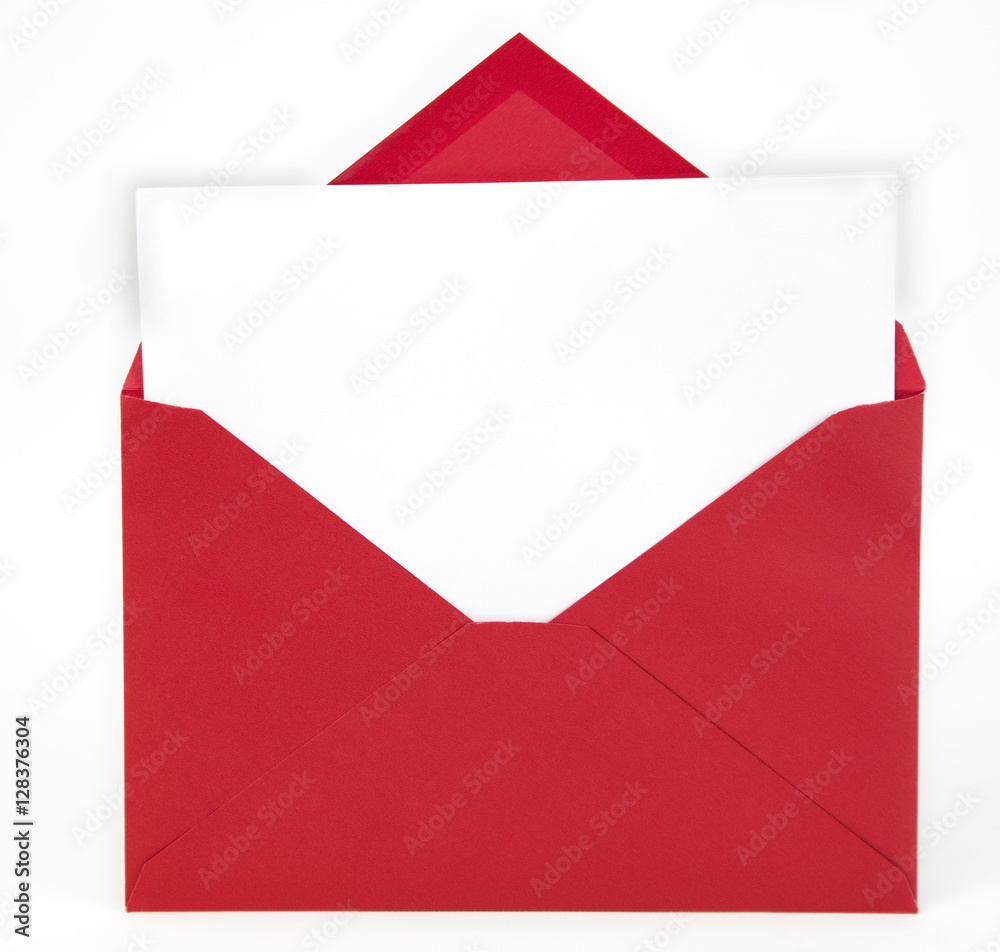 Red envelope with open flap and white note card inserted. Copy space. Red envelope with open flap and white note card inserted. Copy space.