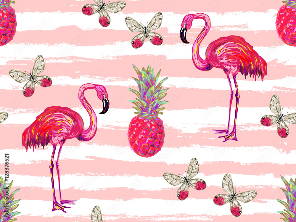 Fototapeta premium Summer jungle pattern with tropical butterflies, flamingo and pineapple vector background. Beautiful exotic pattern. Perfect for wallpaper, pattern fill, web page background, surface textures, textile