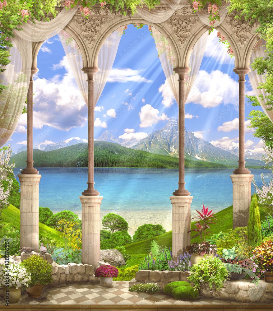 Old white arch with a view of the mountains and lake. Orange wisteria. Sunny day, bright rays.
