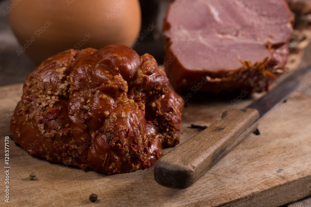 smoked ham on kitchen table smoked ham on kitchen table