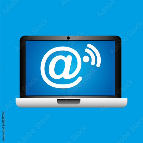 man hand holds laptop mobile mail wifi social media vector illustration