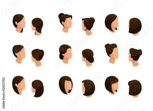 Isometric set of female hair styles man's head. Options stylish haircuts, hair business woman pretty cute on a white background. Isolated. Vector illustration