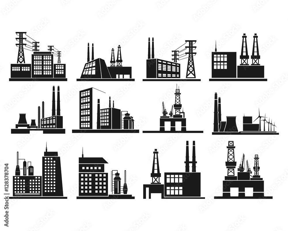 Set of industry manufactory building ,Electrical Station, power and smoke, oil and energy, nuclear manufacturing station. Vector illustration