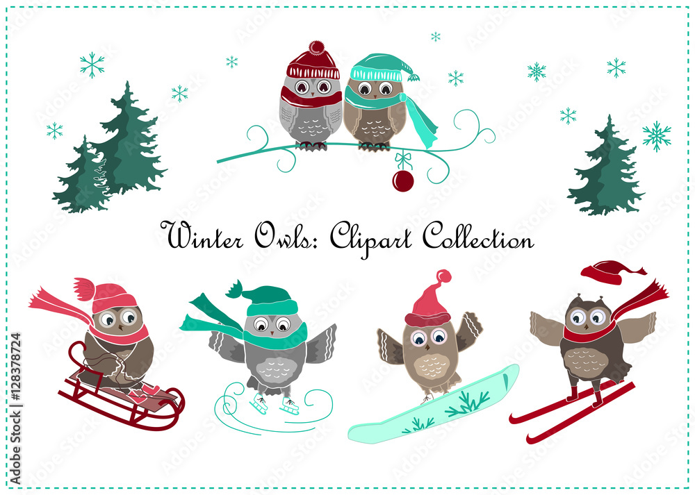 Obraz premium Cute winter owls banner. Baby birds and sport