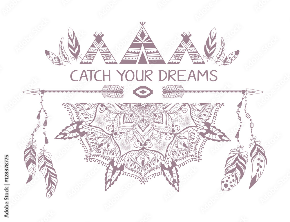 Hand drawn boho style design with mandala, arrow and feathers. Hand drawn boho style design with mandala, arrow and feathers.