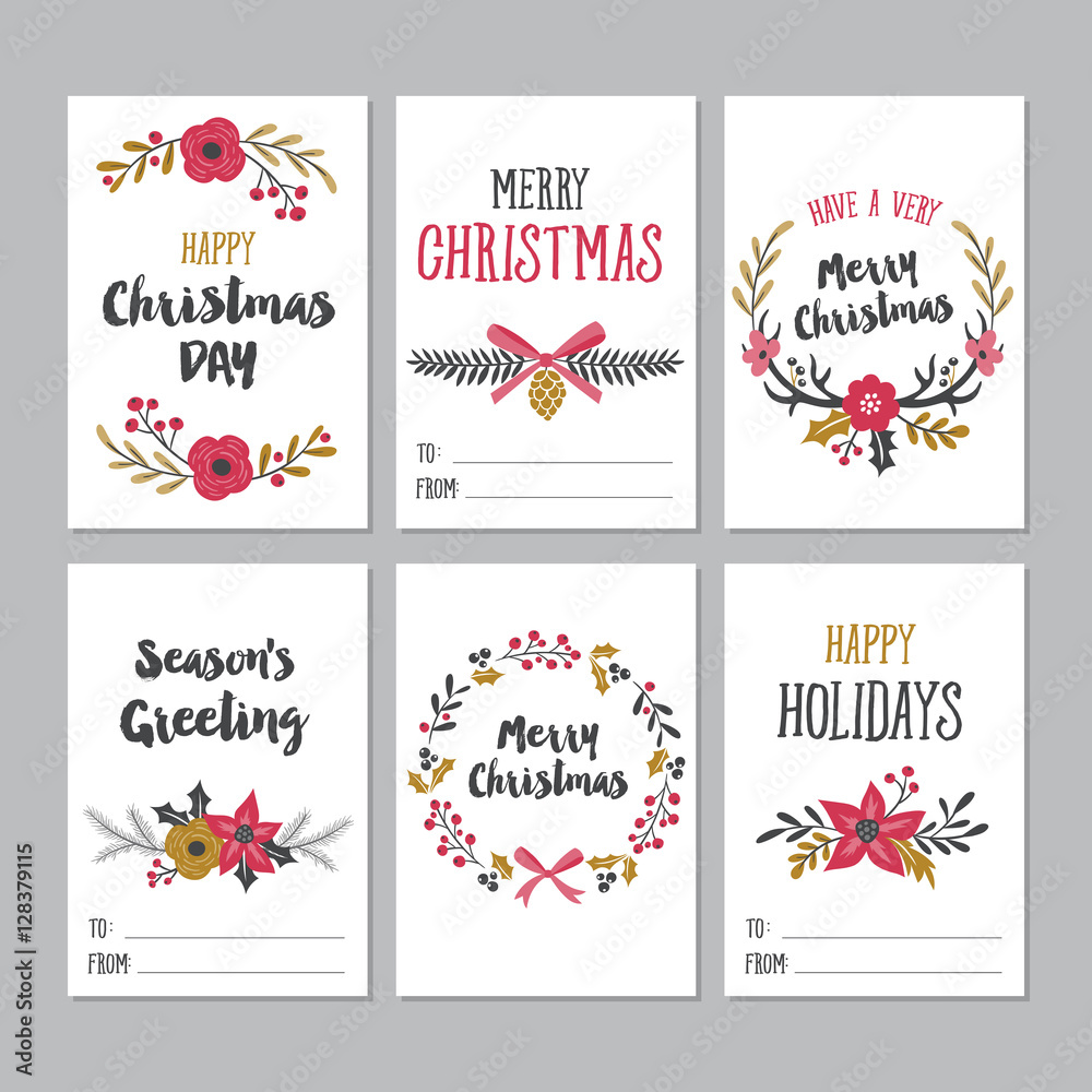 Christmas greeting printable cards with cute floral design elements. 