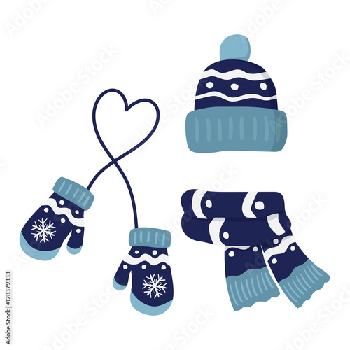 winter knitted mittens, hat and scar, set in blue color