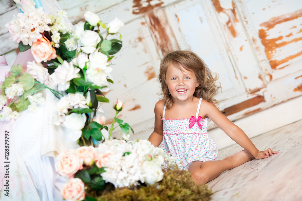 A nice child girl enjoys sunny morning. Good morning at home. Ch A nice child girl enjoys sunny morning. Good morning at home. Ch