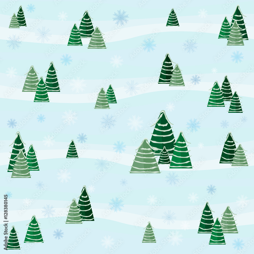 Festive winter pattern with snow-covered Christmas trees and snowflakes. Design for greeting cards, gift wrapping paper, Christmas and New Year's background