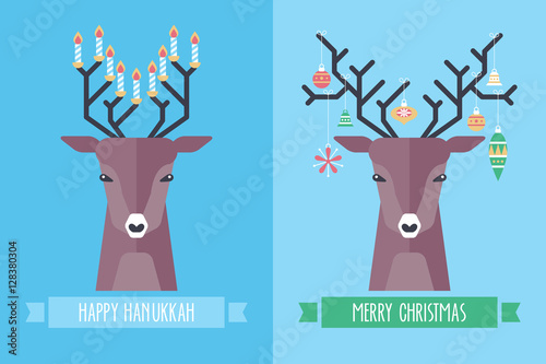 Christmas and Hanukkah holiday celebration concept with deer