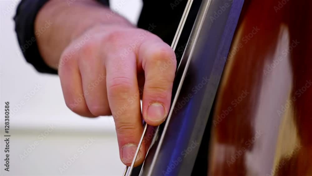 Detail shot of a musician playing on a contrabass Detail shot of a musician playing on a contrabass