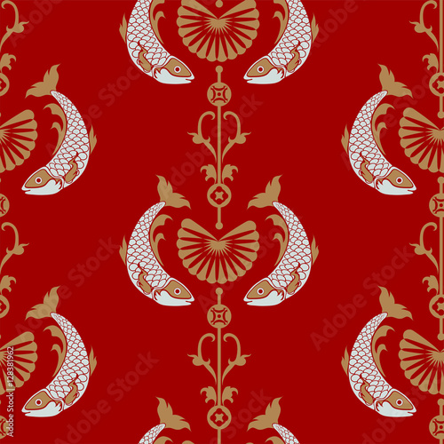 Japanese or Chinese fan and fish seamless pattern.