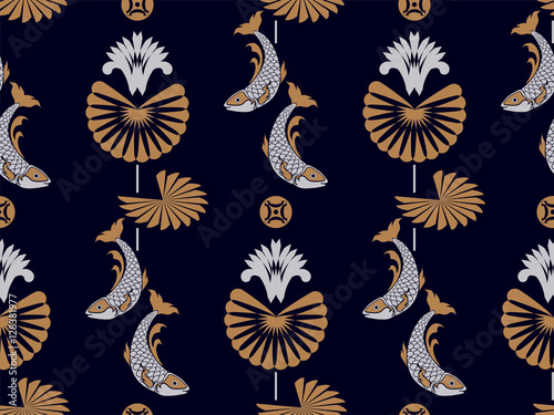 Japanese or Chinese fan and flower and fish seamless pattern.