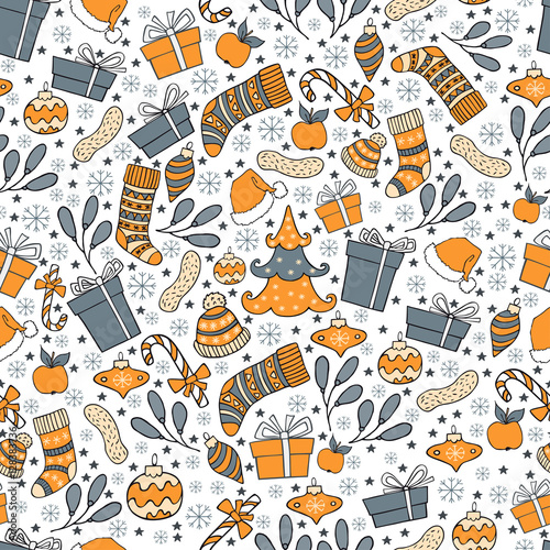Vector Xmas seamless with hand drawn christmas symbol