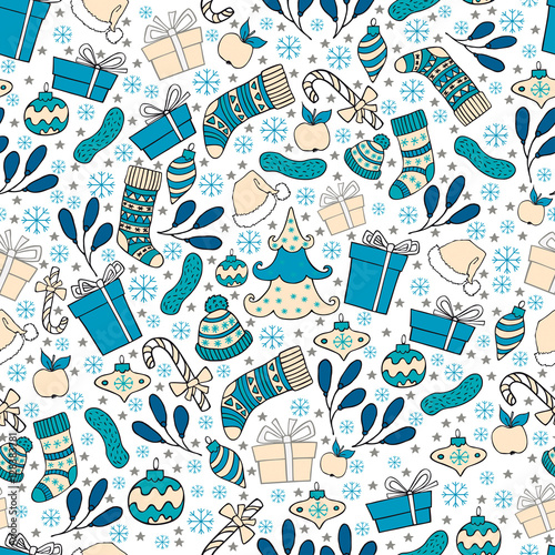 Vector Xmas seamless with hand drawn christmas symbol