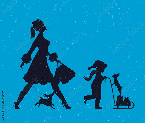 Woman with with a child and dogs. Mother doing shopping and walk