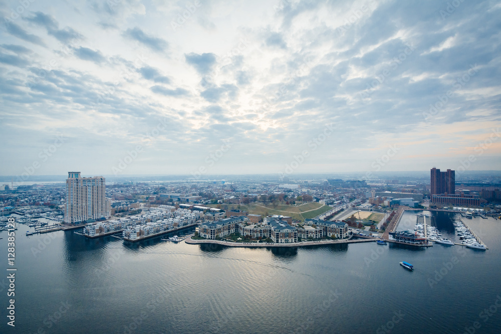 Naklejka premium Aerial view of Federal Hill and the Inner Harbor of Baltimore, M