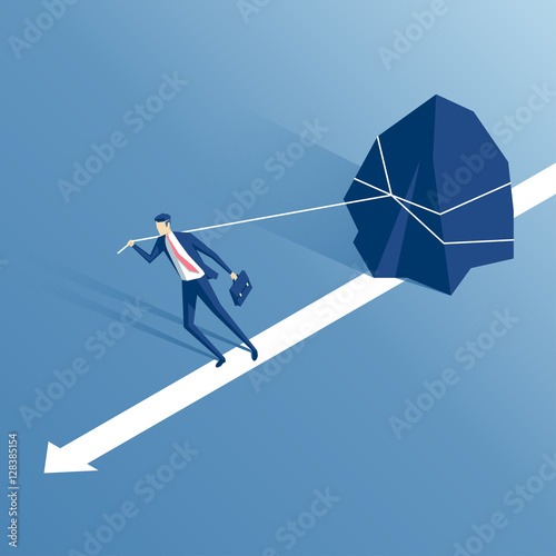 businessman pulling a big stone or rock isometric vector illustration, business concept of hardship and burden © ilyaf