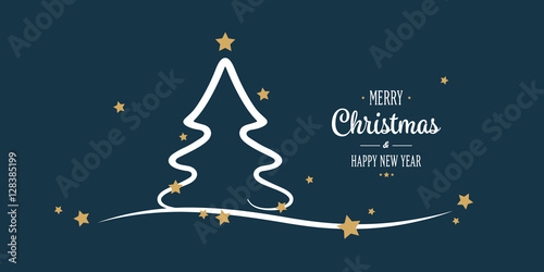 christmas tree gold stars greetings blue background