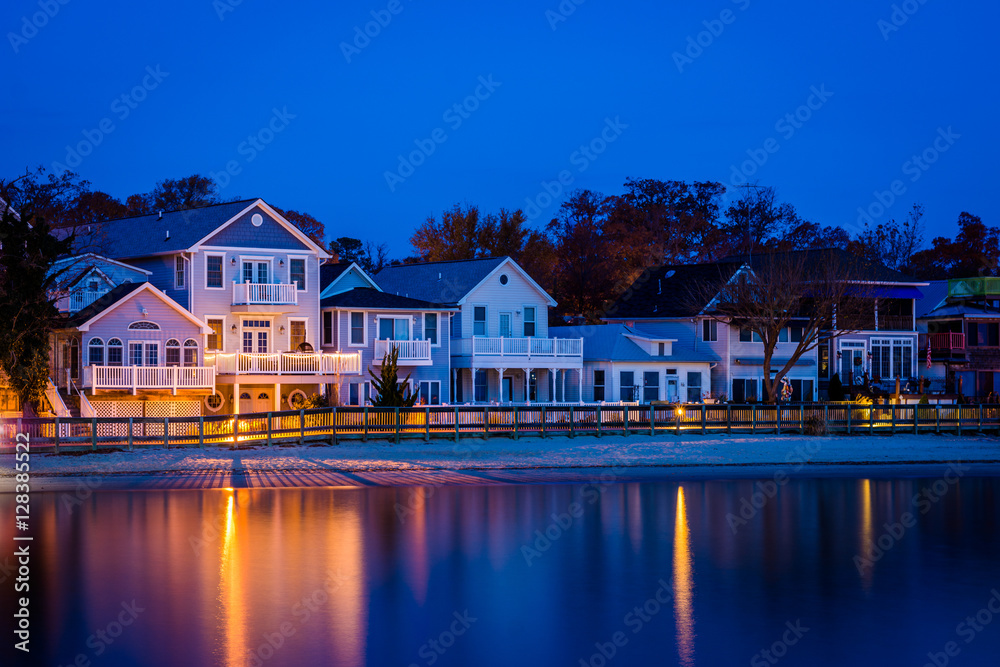 Beachfront houses at night, in North Beach, Maryland.