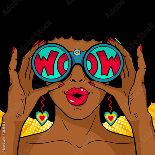 Wow pop art female face. Sexy surprised african woman with open mouth holding binoculars in her hands with inscription wow in reflection. Vector colorful background in pop art retro comic style.