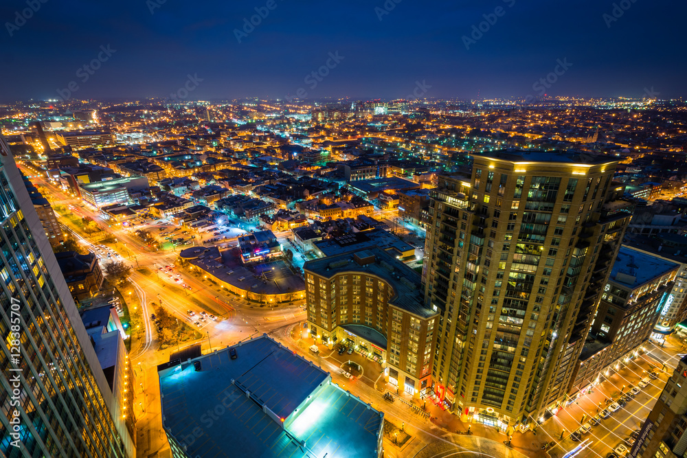 View of Harbor East at night, in Baltimore, Maryland.