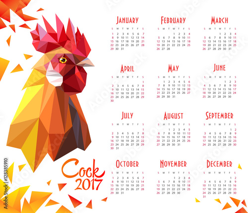 Bright postcard with a rooster. Red fiery cock symbol of New Year 2017. Polygonal Geometric Triangle style. Vector illustration