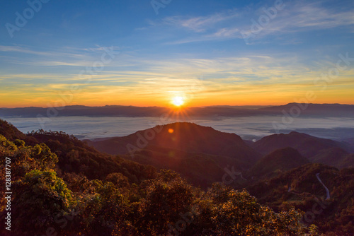 View of sun rise morning mist  at Doi Ang Khang mountain one of the famous mountains in Chiangmai,Thailand © Goodvibes Photo