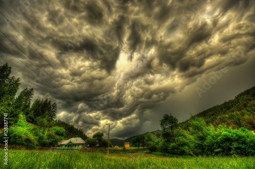 storm clouds in village