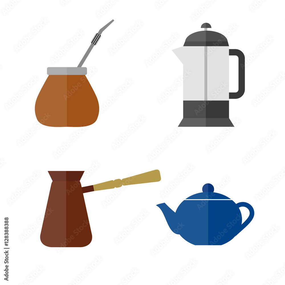 Tea and coffee making facility flat icons. Yerba mate calabash, teapot