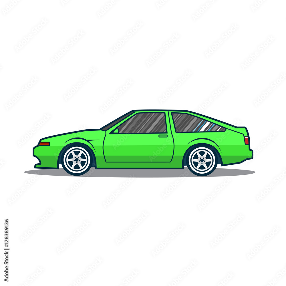 Vector old japan sport car. Green cartoon car. Side view.