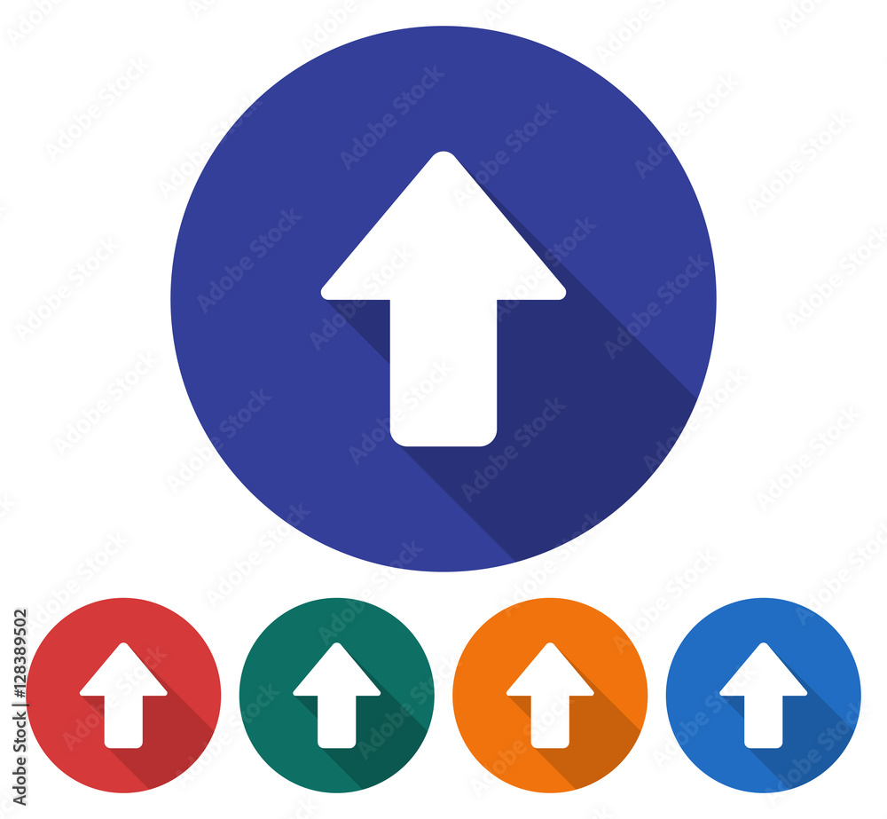 Round icon of upward direction arrow. Flat style illustration with long shadow in five variants background color Round icon of upward direction arrow. Flat style illustration with long shadow in five variants background color