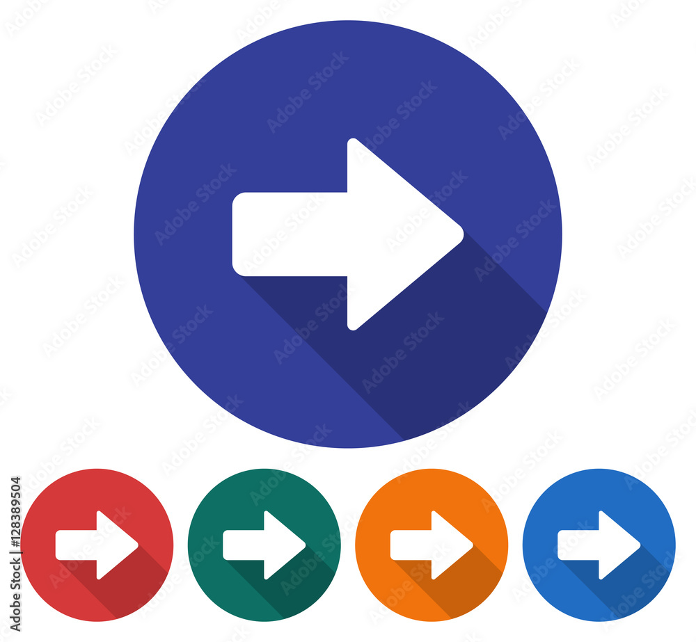 Round icon of right direction arrow. Flat style illustration with long shadow in five variants background color Round icon of right direction arrow. Flat style illustration with long shadow in five variants background color