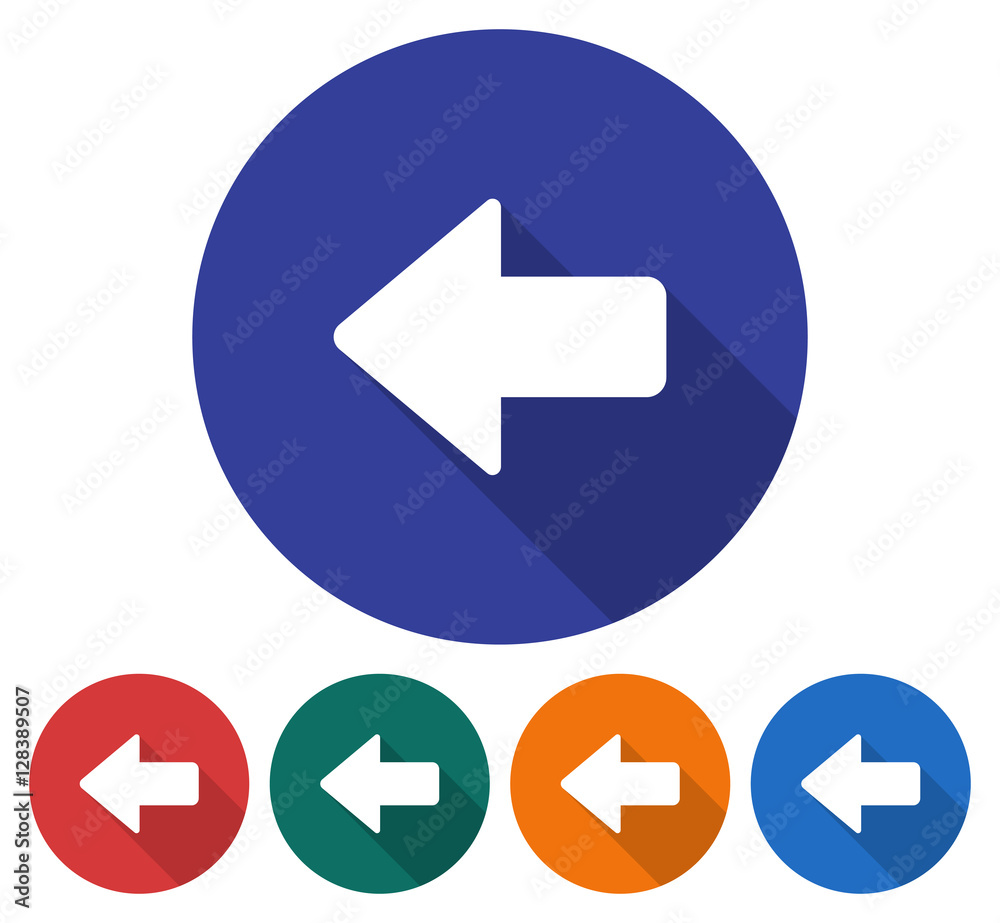 Round icon of left direction arrow. Flat style illustration with long shadow in five variants background color Round icon of left direction arrow. Flat style illustration with long shadow in five variants background color
