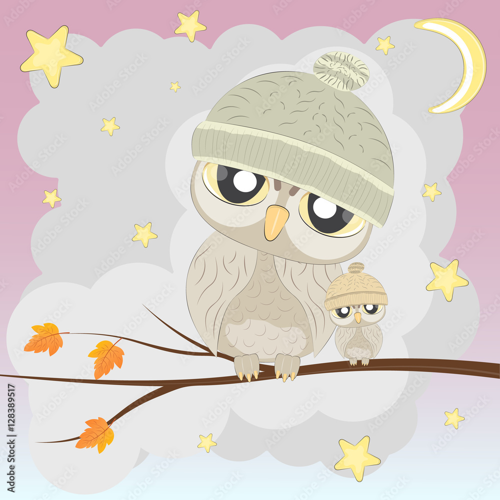 Fototapeta premium Owl Family on the Tree. Mom and Baby.