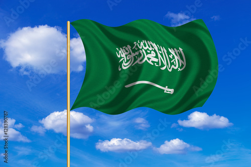 Saudi Arabia flag waving on blue sky background