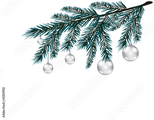 Blue realistic tree branch. Fir branches with silver balls. Isolated on white background. Christmas illustration