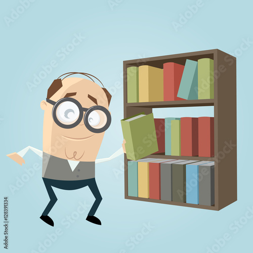 funny librarian with a bookshelf